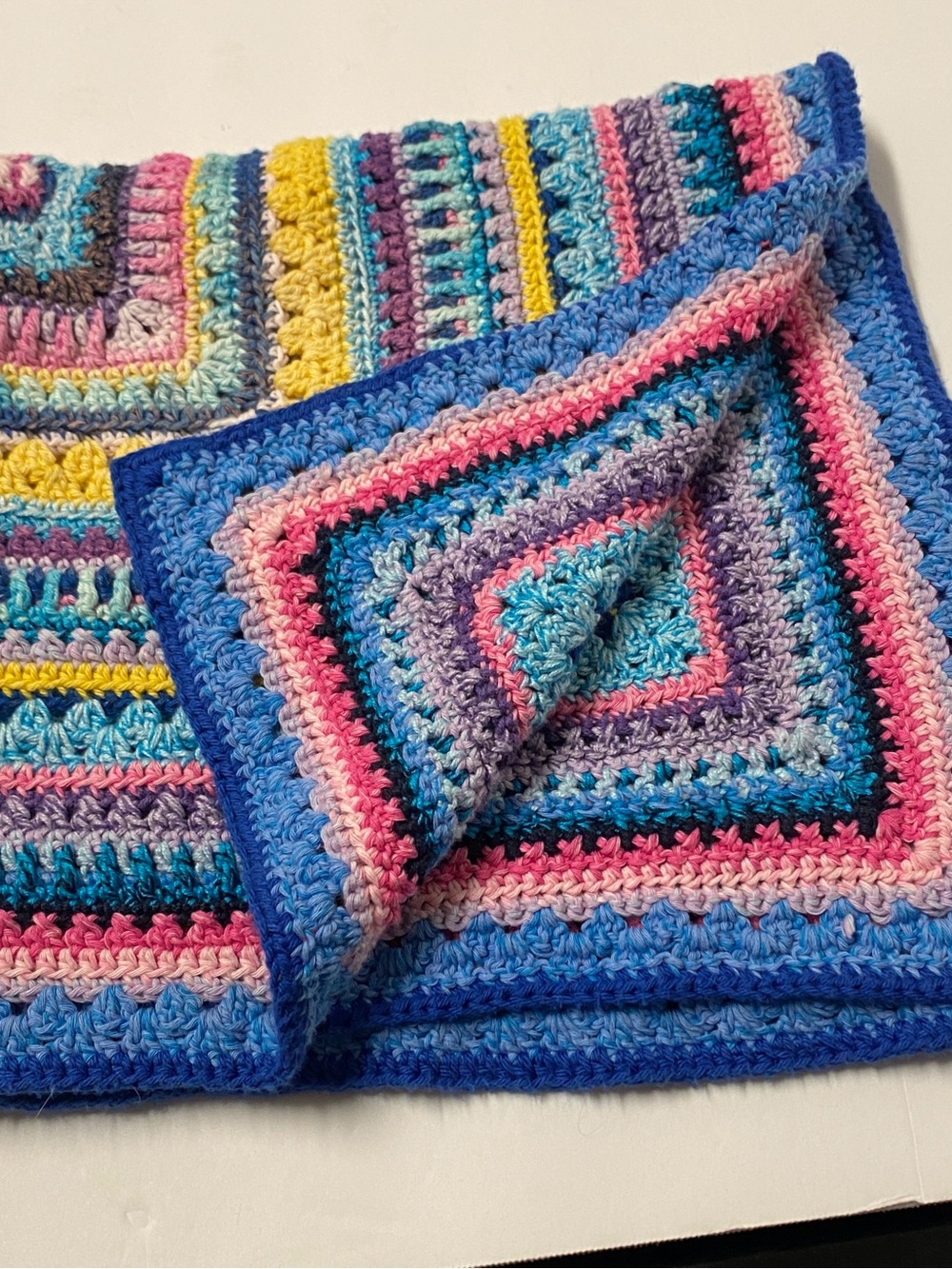 Hand Crafted Crochet Table Cover - Blue, Pink, Yellow & Purple Stripes